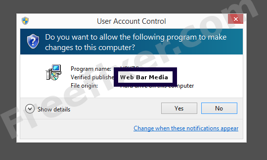 Screenshot where Web Bar Media appears as the verified publisher in the UAC dialog